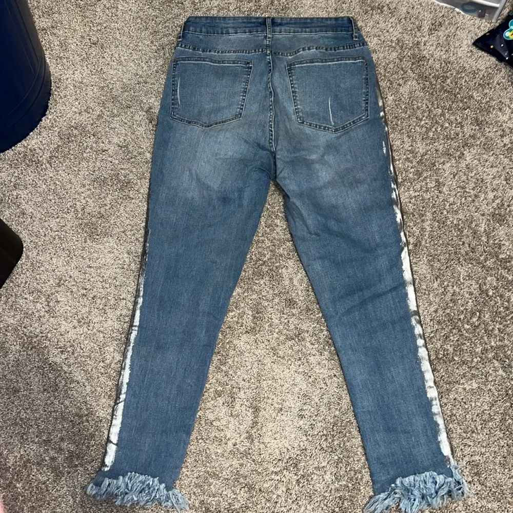 FOR THE REPUBLIC METALLIC SILVER SIDE FRINGE BOTTOM DENIM JEANS size 6 - Picture 2 of 5
